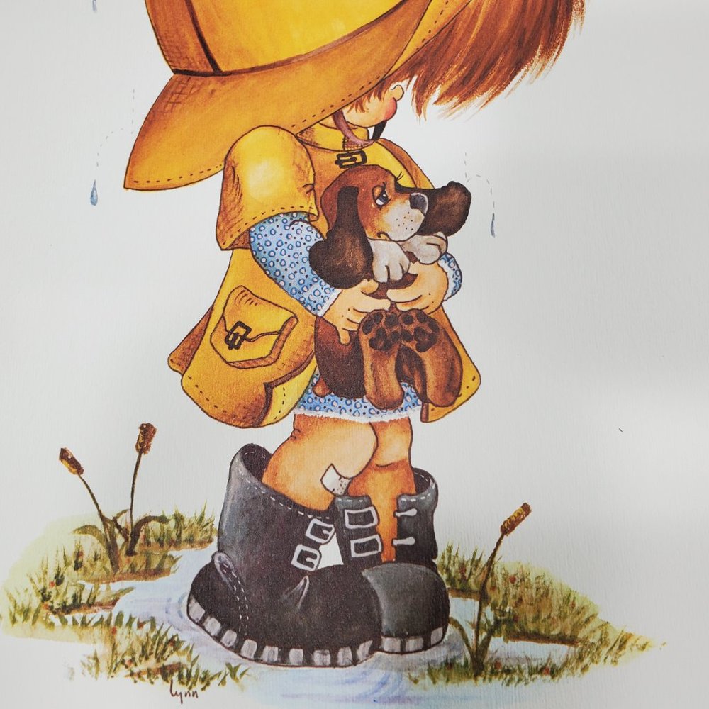 Litte Girl PUPPY DOG RESCUE Art Print Vintage 1970s 11x14 in Watercolor Unframed